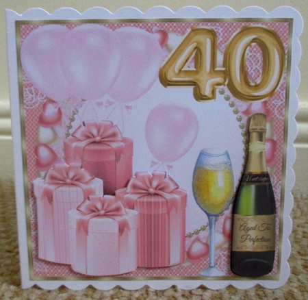 Pink age 40 balloons and presents card front by Johanna Lambert