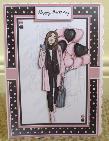 A5 Lady with Pink Balloons Card Front Topper & Sentiments  by Johanna Lambert