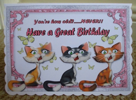 Three Cheeky Cats Ladies Version - 7x5 inch card front with decoupage by Johanna Lambert