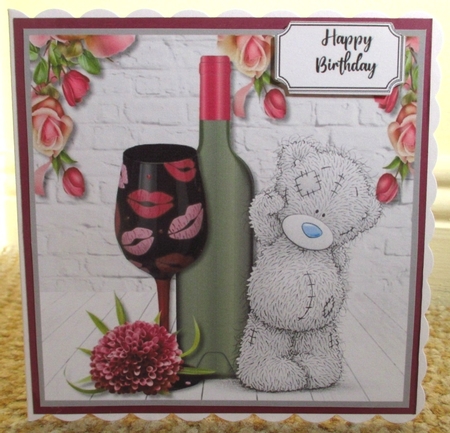Tatty Teddy with wine and flowers for Birthday or Mothers Day by Johanna Lambert