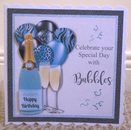 Turquoise Glitter bottle Champagne with matching balloons birthday card 6x6 topper  by Johanna Lambert
