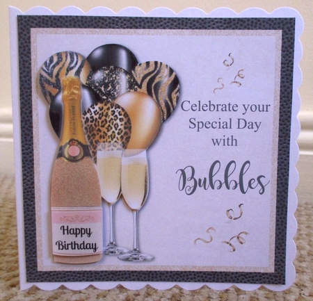 Gold Glitter bottle Champagne with matching balloons birthday card 6x6 topper  by Johanna Lambert