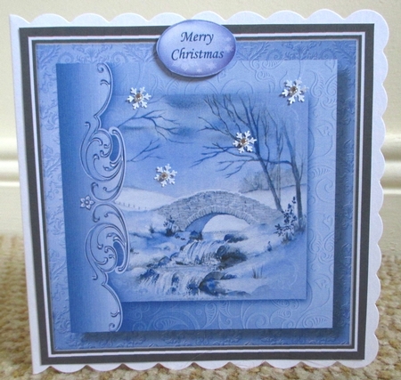 Christmas Monochrome Blue No Flowers - Snowy Bridge & Stream by Johanna Lambert