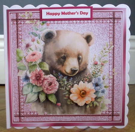 Lovely Huggy Bear in Stitched  Denim Pink Card 8X8 by Johanna Lambert