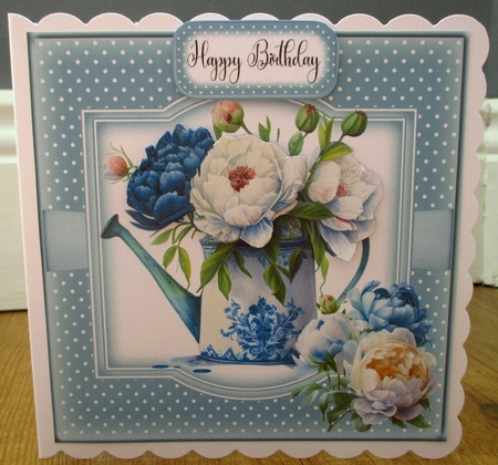 Blue and white Peonies Watering Can 6x6 topper by Johanna Lambert