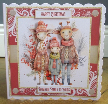 Family Animal Christmas 7x7ins card kit 18 with lace edging by Johanna Lambert