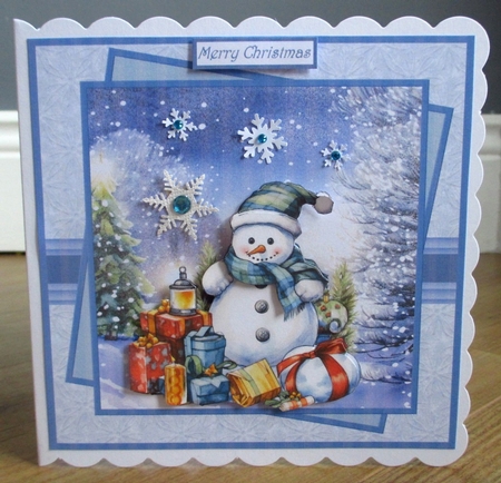 Snowman and lots of gifts 7x7 , sentiment tiles and decoupage, insert, blank tiles and two shaped gift cards by Johanna Lambert