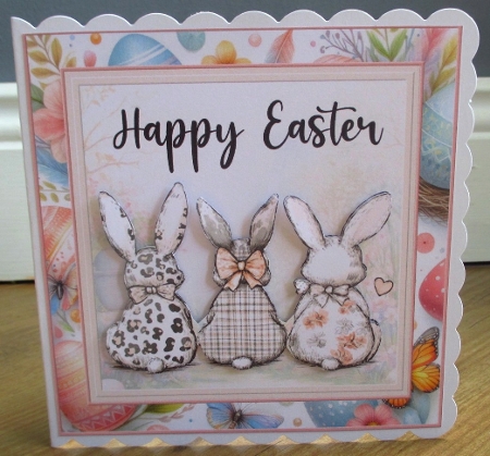 Cute Easter bunnies 6x6ins card front with matching gift tag  by Johanna Lambert