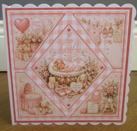 Baby Girl Newborn Card Topper with Cradle and Cute Pink Elements by Johanna Lambert