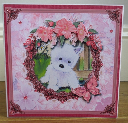 8x8 Cute Westie with Butterfly and Flowers Decoupage by Johanna Lambert