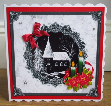 8x8 Black and White Church with Red Poinsettia by Johanna Lambert