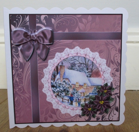 8x8 Cottage in Snow with Bow and Poinsettia Decoupage by Johanna Lambert