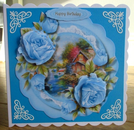 Easel or Topper Beautiful Aqua Roses in a Scalloped Frame by Johanna Lambert
