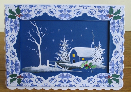 Blue Winter Snowscene with Lace and Holly by Johanna Lambert