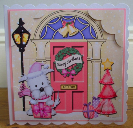 8 x 8 Christmas Door Jock Westie Dog has a present Scalloped Corner Topper by Johanna Lambert
