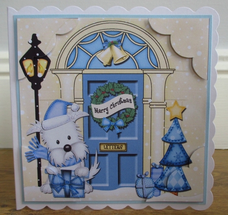 8 x 8 Christmas Door Jock Westie Dog has a present Scalloped Corner Topper by Johanna Lambert