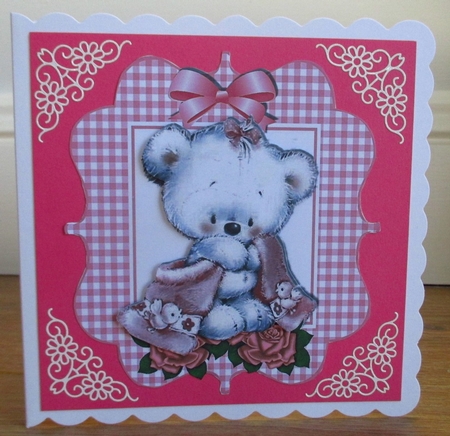 Baby bear in gingham frame with pink roses and bow by Johanna Lambert