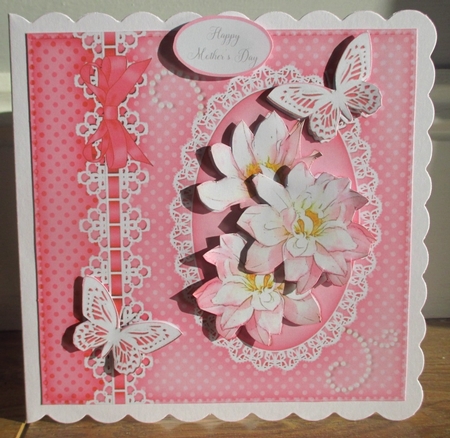6x6 A Touch of Elegance Flowers, Lace & Butterflies quick card front with 3D decoupage by Johanna Lambert
