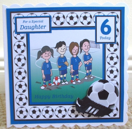 Football birthday card for girls with age and family sentiments and decoupage by Johanna Lambert