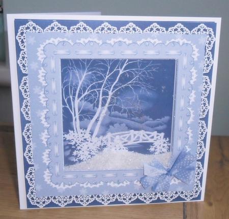 Blue & White Winter's Night Snow Scene Square Shaker Card by Johanna Lambert