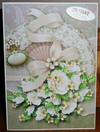 White Roses on a Lace Fan A4 Card Front by Johanna Lambert