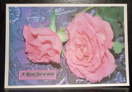 Pink Rose Decoupage on Purple Brocade by Johanna Lambert