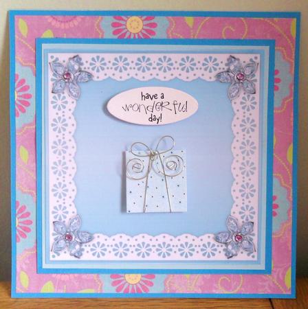 Bejewelled Flower and Lace Square Card Front in Aqua by Johanna Lambert