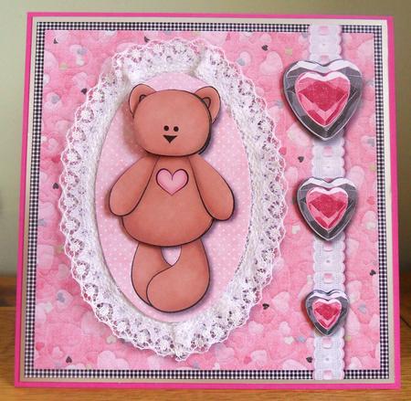 Cute Bear with Heart on Lace Edged Oval Card Front by Johanna Lambert