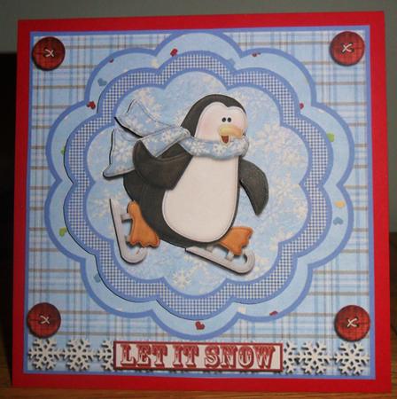Let It Snow Skating Penguin Pyramid Card Front by Johanna Lambert