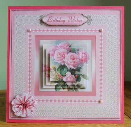 Pink Roses, Pearls 'n Lace Pyramid Card Front by Johanna Lambert