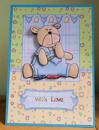Baby Boy Bear with Crayons Card Front and Decoupage by Johanna Lambert