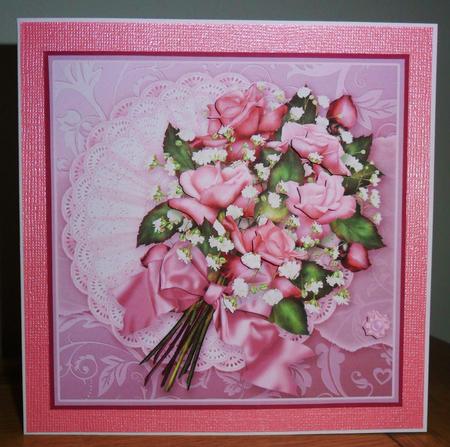 Pink Roses Bouquet on a Frilly Lace Doily 8in x 8in Decoupag by Johanna Lambert