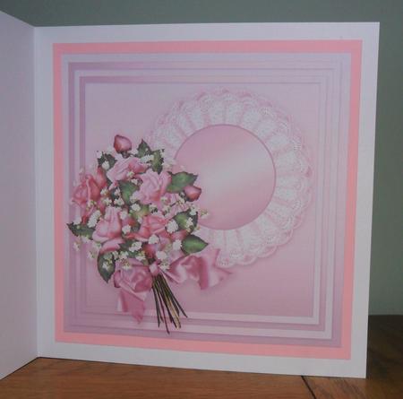 Pink Roses Bouquet on a Frilly Lace Doily - 8in x 8in Ins Pl by Johanna Lambert