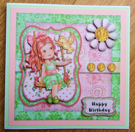 Girl on a Swing Square Card Front with Decoupage by Johanna Lambert