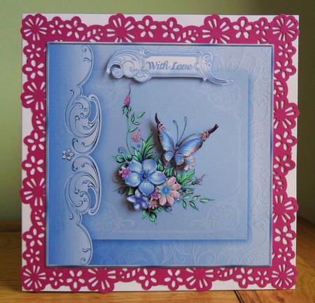Butterfly and Blooms in Blue Square Card Front and Decoupage by Johanna Lambert