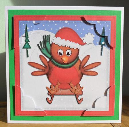 8 x 8 Xmas Sledging Robin Scalloped Corner Topper by Johanna Lambert