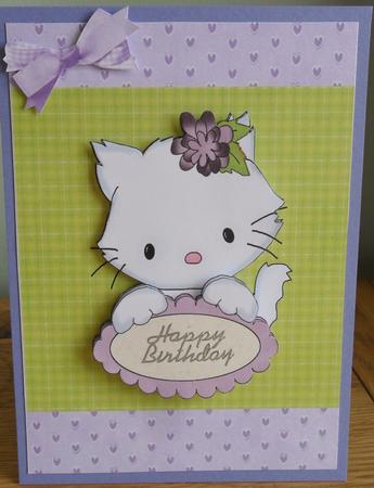 Cute White Fluffy Cat with Purple Flower by Johanna Lambert