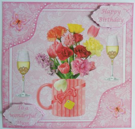 8x8ins Pink Flowers Mum Birthday Decoupage Card Front by Johanna Lambert