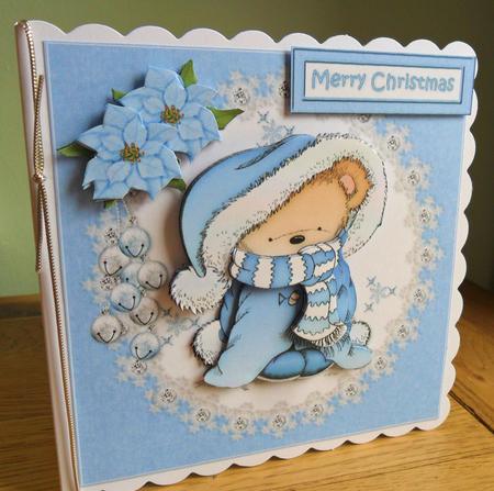 Blue Christmas Snuggle Bear Decoupage by Johanna Lambert