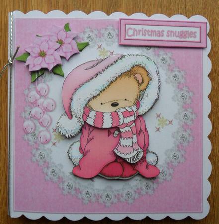 Pink Christmas Snuggle Bear Decoupage by Johanna Lambert