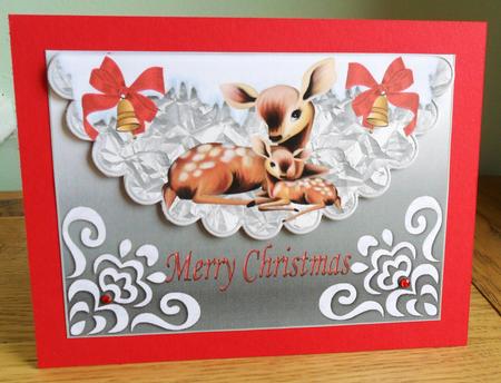 Cute Little Deers with Red Bow on Scalloped Envelope by Johanna Lambert