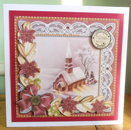 Lights on Church Plum Poinsettia 8in Card Front Mini Kit by Johanna Lambert
