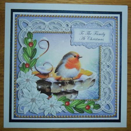 Blue Robin Family at Christmas 8in Sentiment Topper by Johanna Lambert