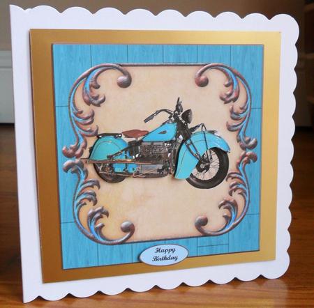 Classic Motorcycle Teal Blue Card Topper & Decoupage by Johanna Lambert