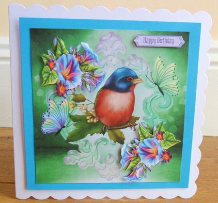 Pretty Bird with Morning Glory Flowers and Butterflies 8x8 by Johanna Lambert