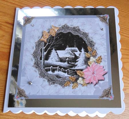 8x8 Black and White Christmas Cottage with Gold Holly by Johanna Lambert