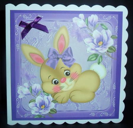 Cute Brown Bunny with Purple Bow 8x8 by Johanna Lambert