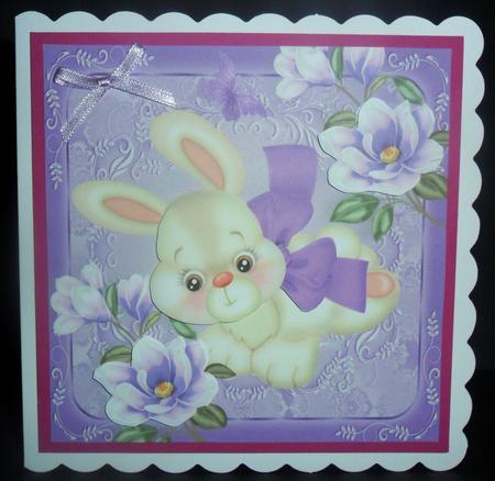 Cute White Bunny with Purple Bow 8x8 by Johanna Lambert
