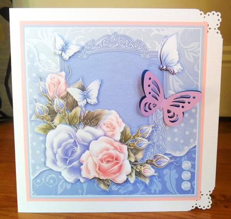 Roses and Butterflies on a Blue Ornate Panel 8in x 8in Decou by Johanna Lambert