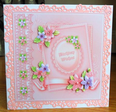 Birthday Pink and Lilac Paper Flowers 8in x 8in Decoupage by Johanna Lambert